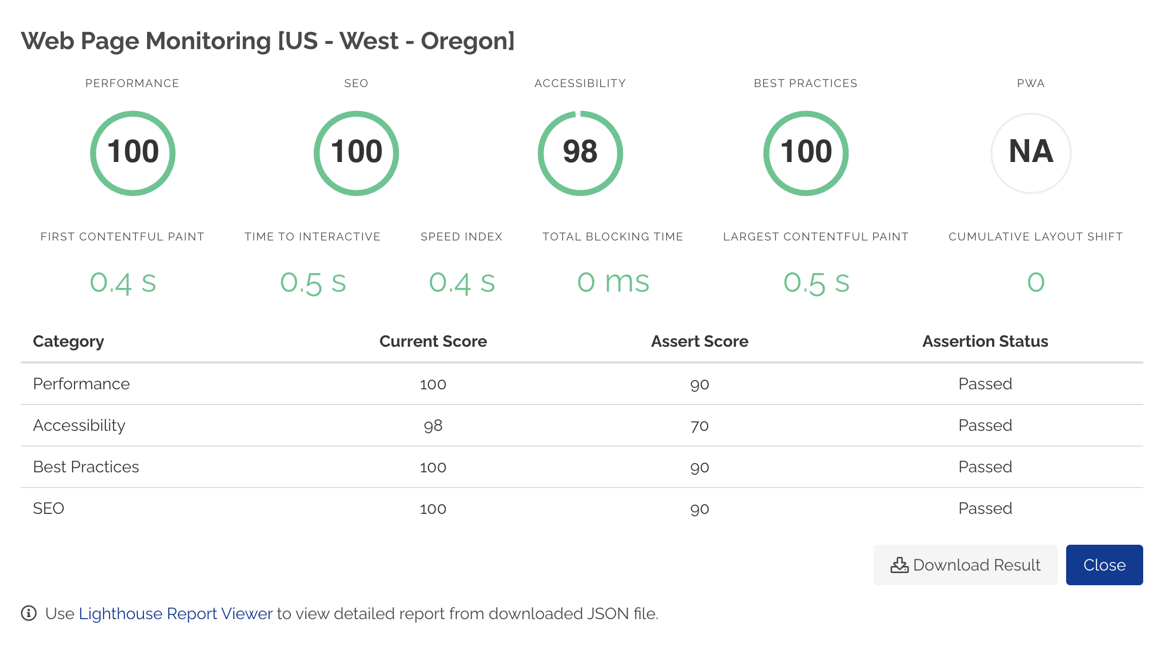 Web Page Monitor detailed results